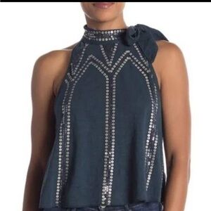 Free People Glitter City Tie Neck Mock halter sequin tank